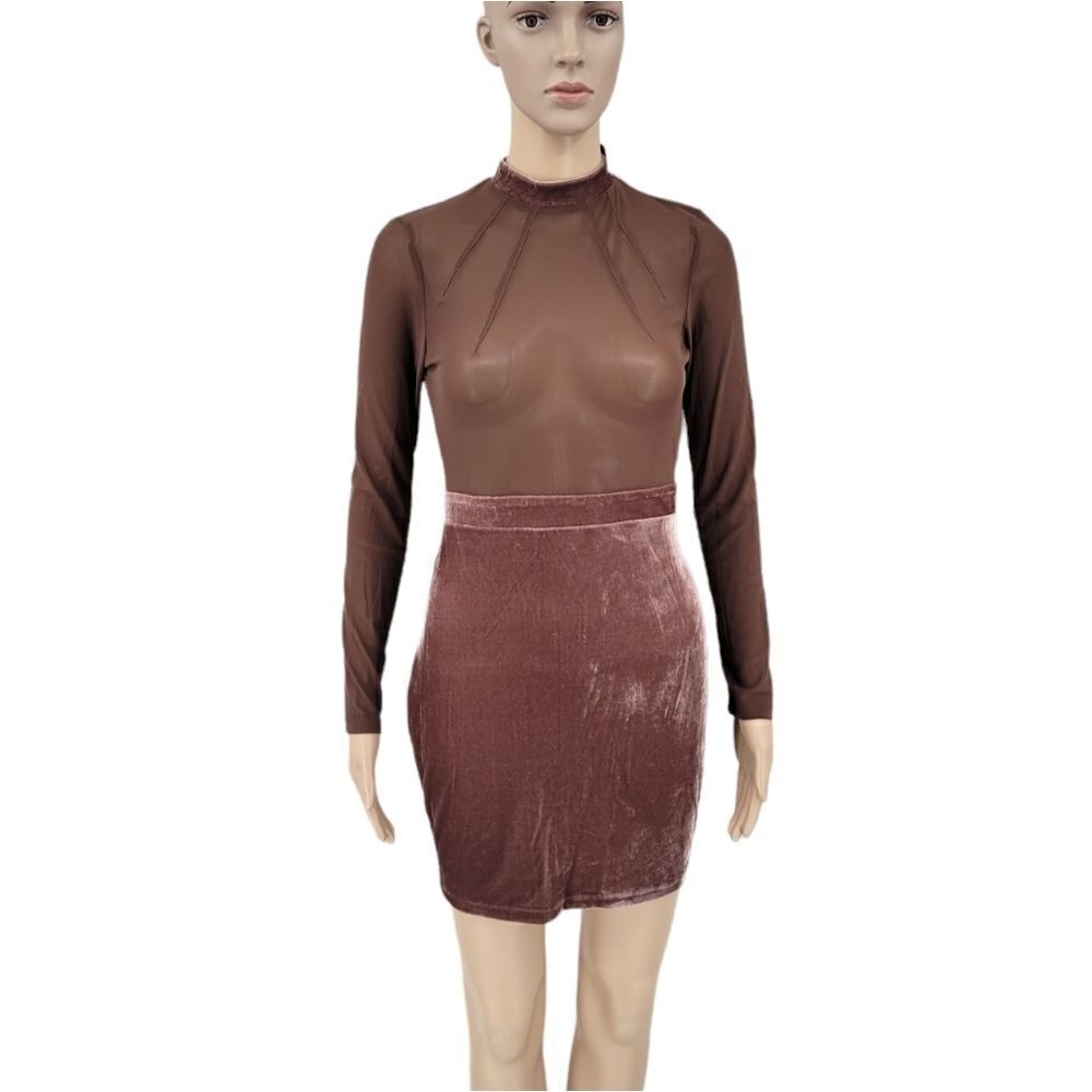 Privy Women's Brown Sheer Bodice Velvety Velour Skirt Cocktail Dress NEW